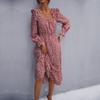 Spring and Autumn Women's Dress Fashion Long Sleeve Floral Square Neck Dresses