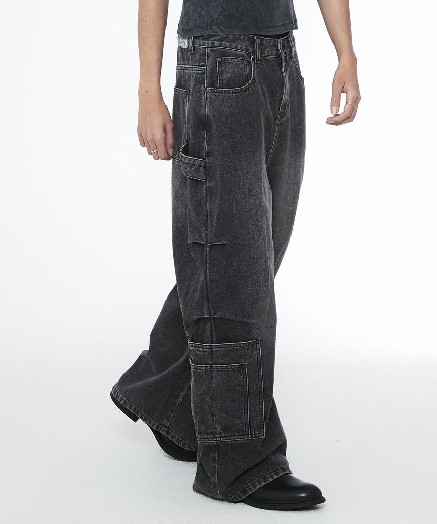 Sseleupe Multi-Pocket Carpenter Wide Denim Pants Charcoal