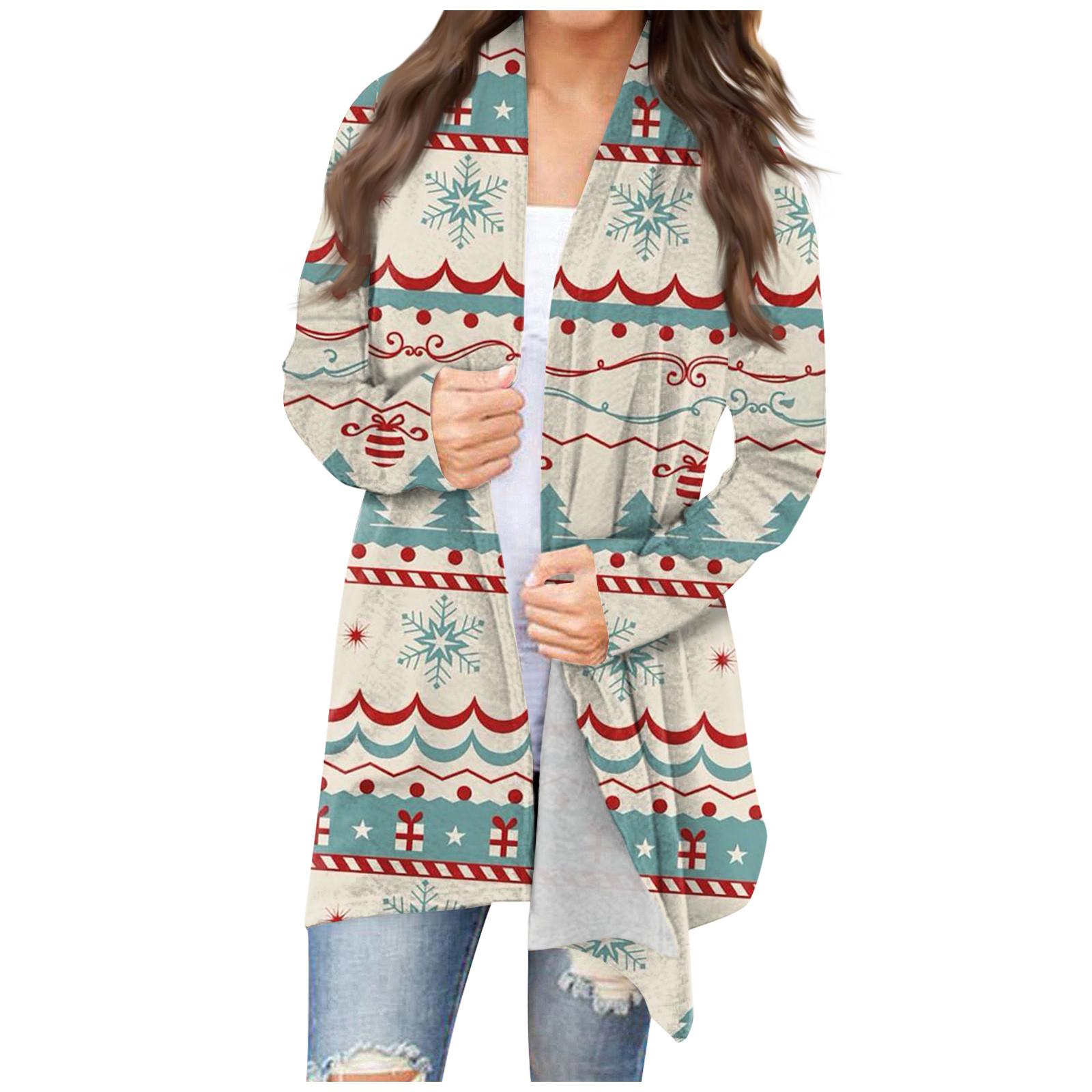 

Женская мода, повседневный рождественский принт, кардиган средней длины, куртка, пальто M бежевый