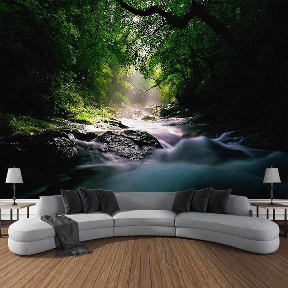 Bohemian style home decoration wall hanging forest waterfall tapestry landscape background cloth bedroom living room dormitory