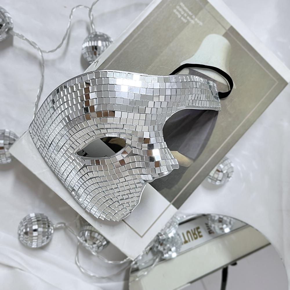 Disco Ball Mirror Half Face Mask, Shiny Laser Reflective Mask for Halloween Party Dance Costume
