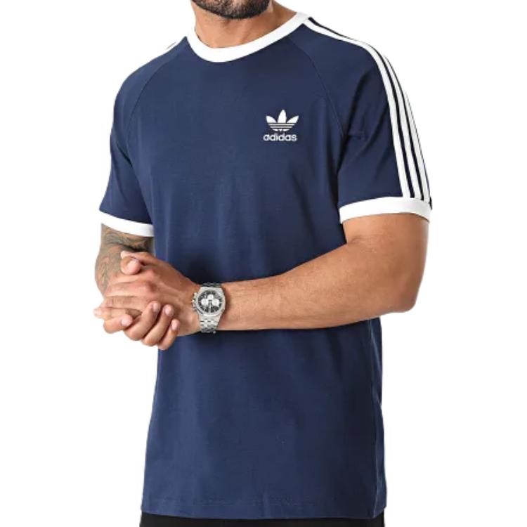 Adidas Originals Trefoil Logo Striped Crew Neck Short Sleeve T-Shirt Men T-Shirts Blue HK7279