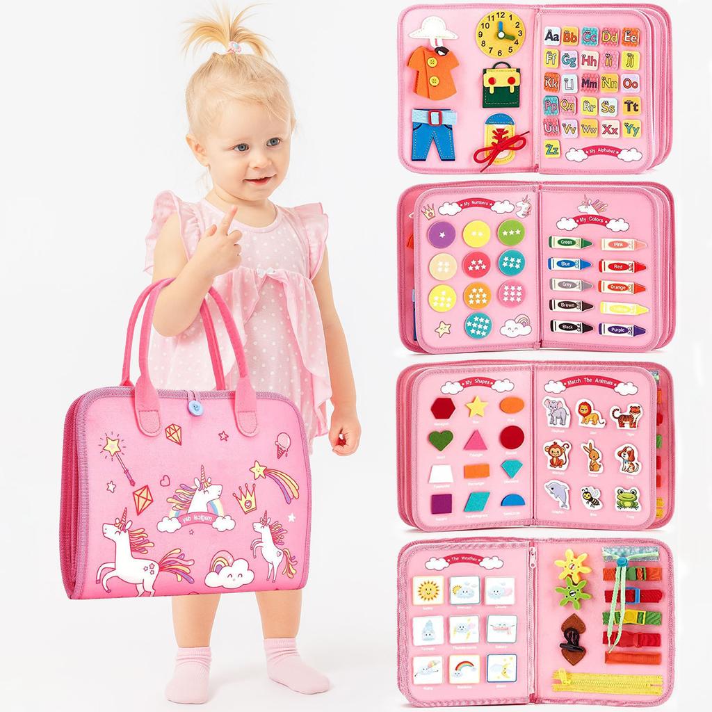 Toddlers Travel Busy Board for Boys Girls Montessori Toys for 2+ Year Old Preschool Learning Life Skill, Alphabet, Number, Shape