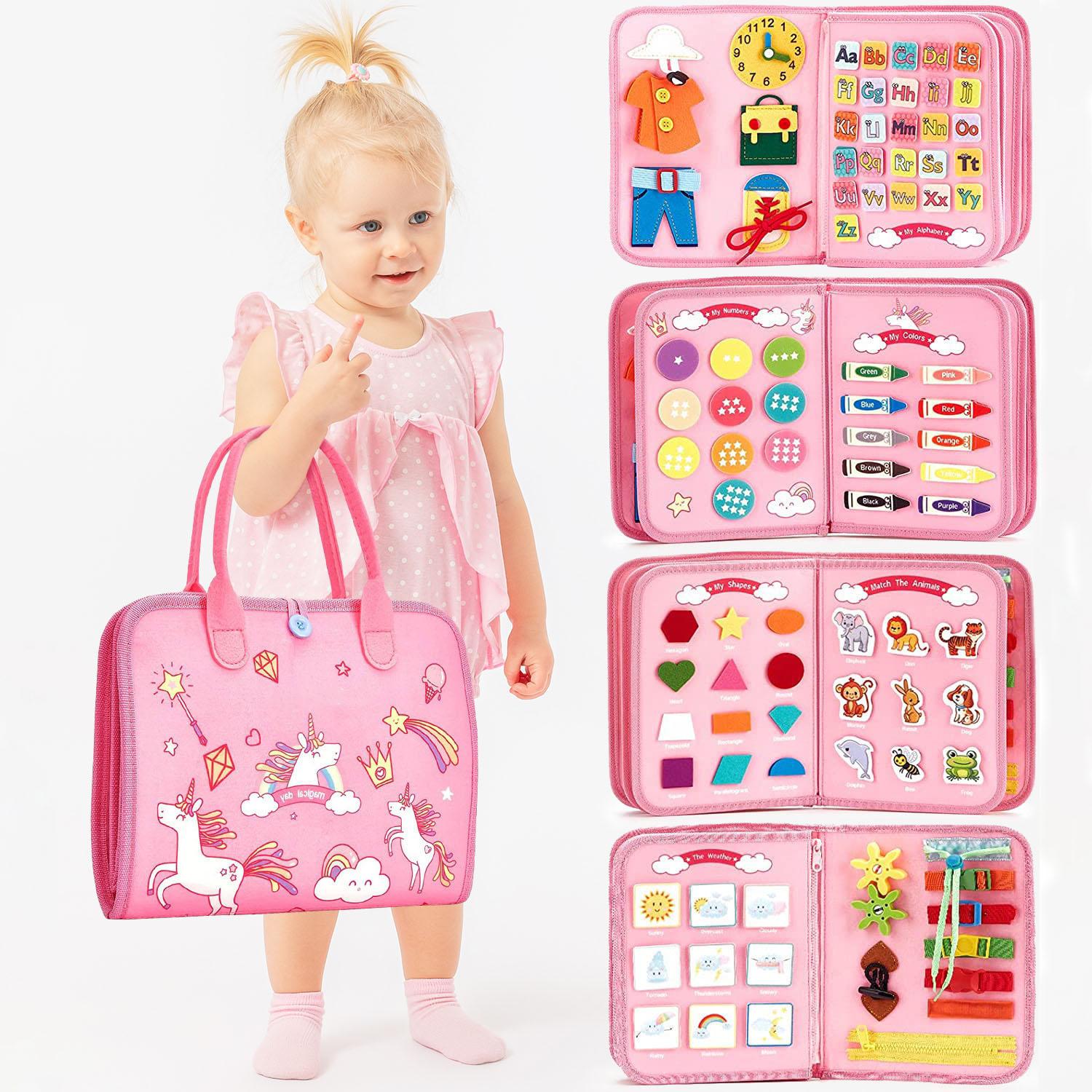

Доска для путешествий для малышей для мальчиков и девочек, игрушки Монтессори для детей от 2 лет дошкольного возраста, обучение жизненным навыкам, алфавиту, цифрам, формам розовый