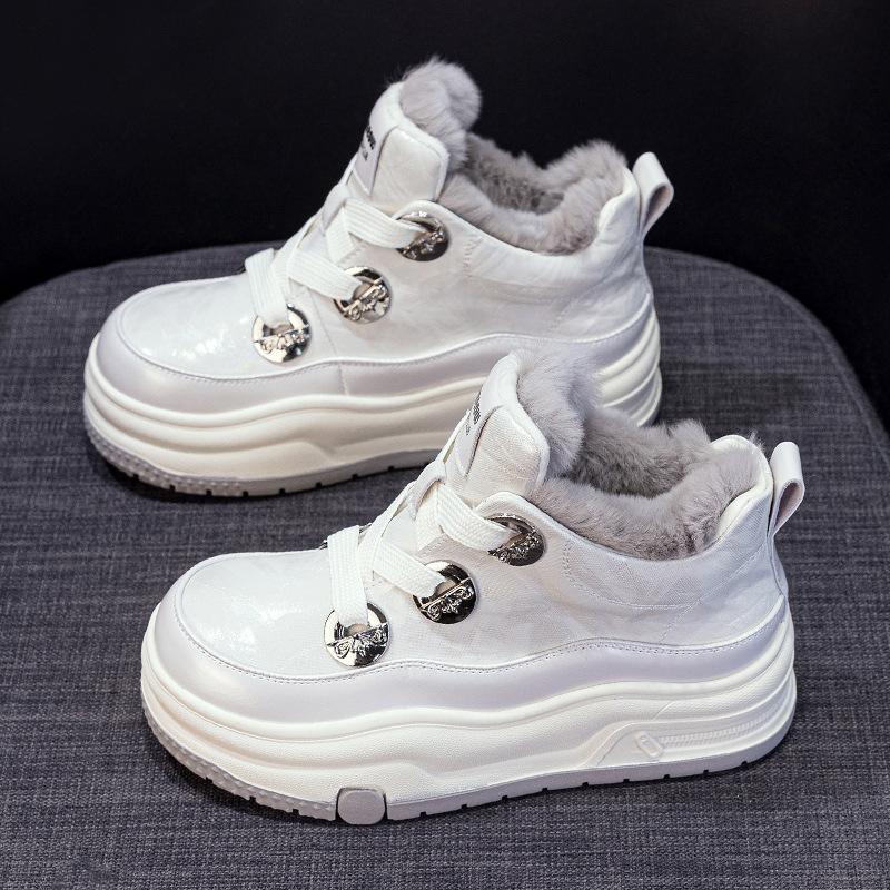 Leather Platform Snow Boots Women's New Versatile Winter High-top Shoes Cotton Shoes Piled Thickened Warm Little White Shoes