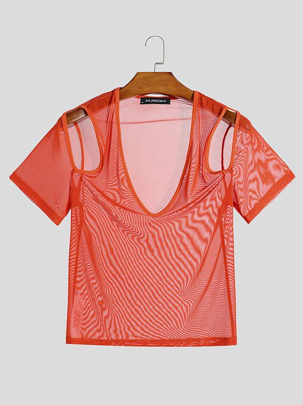 INCERUN Men V Neck Mesh Stretch Off Shoulder Sheer Tops Sexy Transparent T-shirts