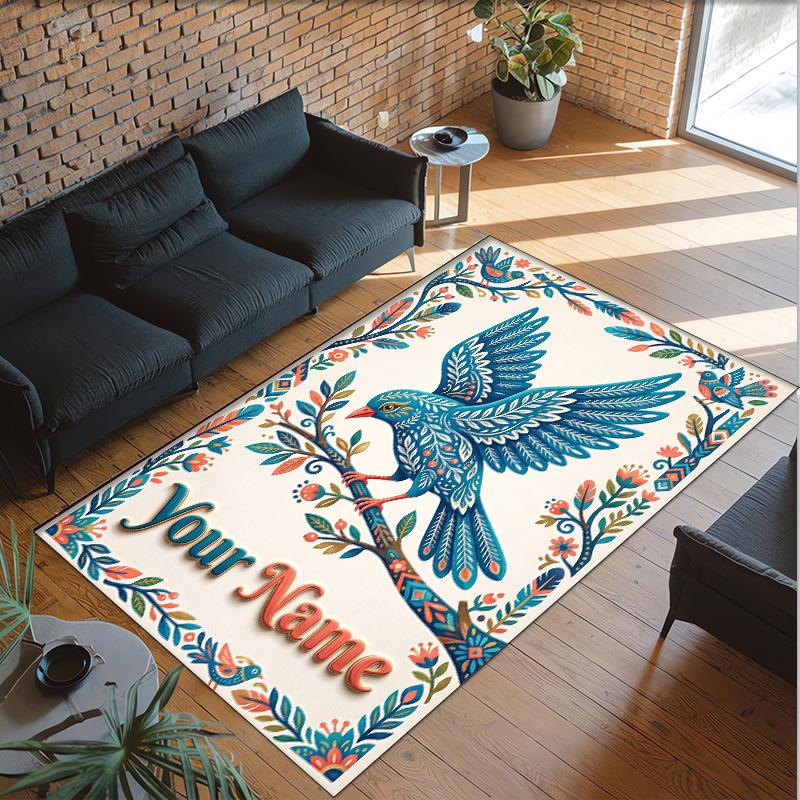 Birds Theme Crystal Velvet Floor Rug Personalized Custom Name Text Warm Carpet Home Decoration