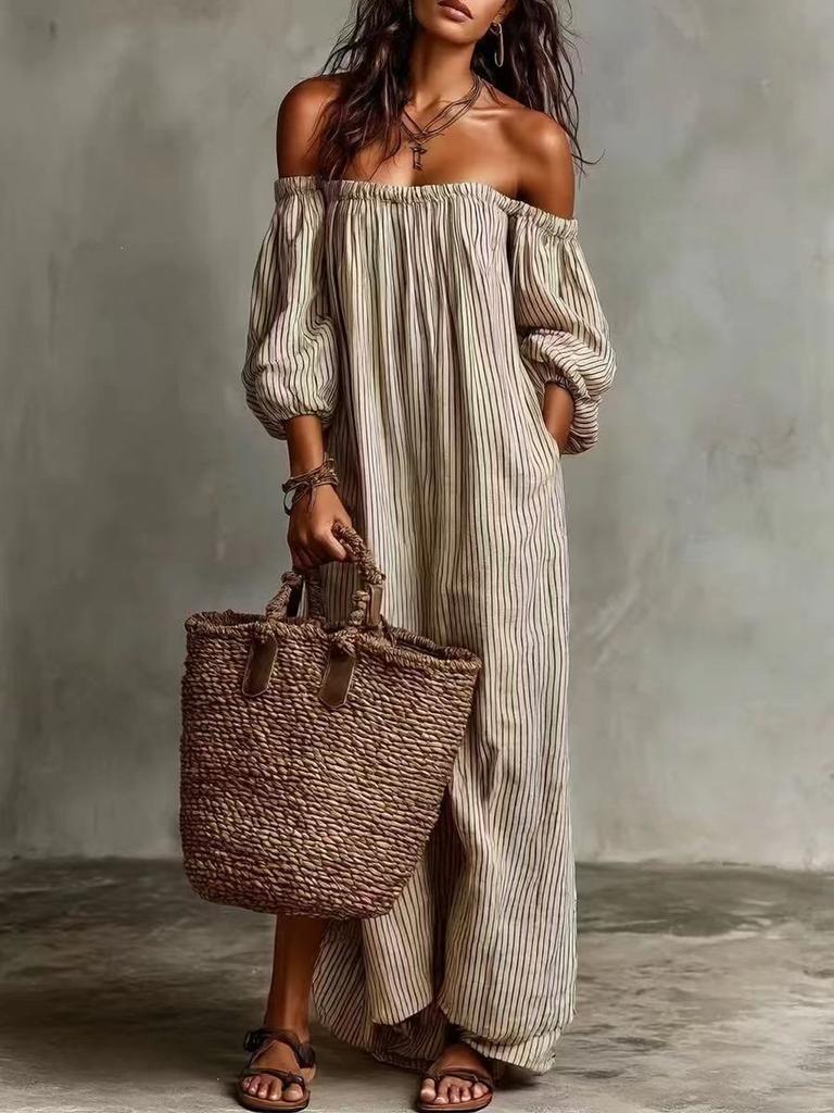 2026 European and American Independent Station Spring and Summer Women's Striped Shoulder Long Dress