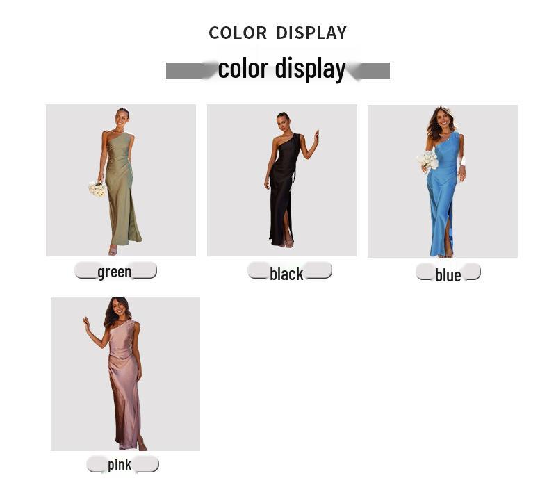 Spring/Summer 2024 European & American Slim One-Shoulder Satin Dress with Slit – Sexy & Chic Socialite Style for Women