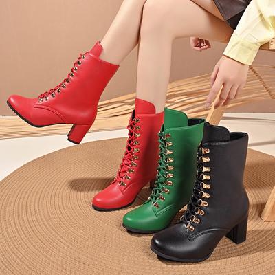 Spring Autumn Ankle Boots for Women Comfortable Platform Botas Women High Heels Lace Up Solid Color Short Knight Boots Big Size