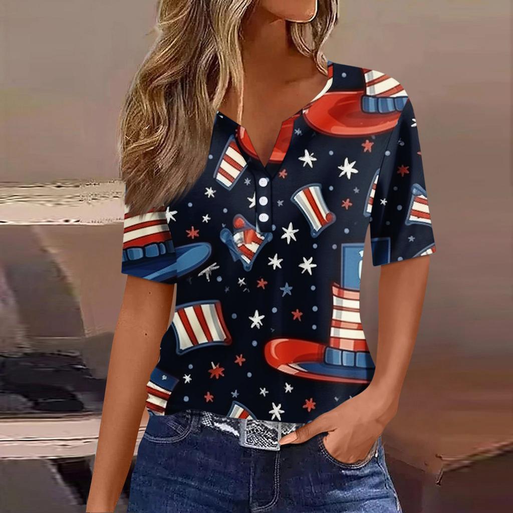Lässiges T-Shirt für Damen zum Unabhängigkeitstag, bedruckt, V-Ausschnitt, kurzärmlig, mit Knöpfen
