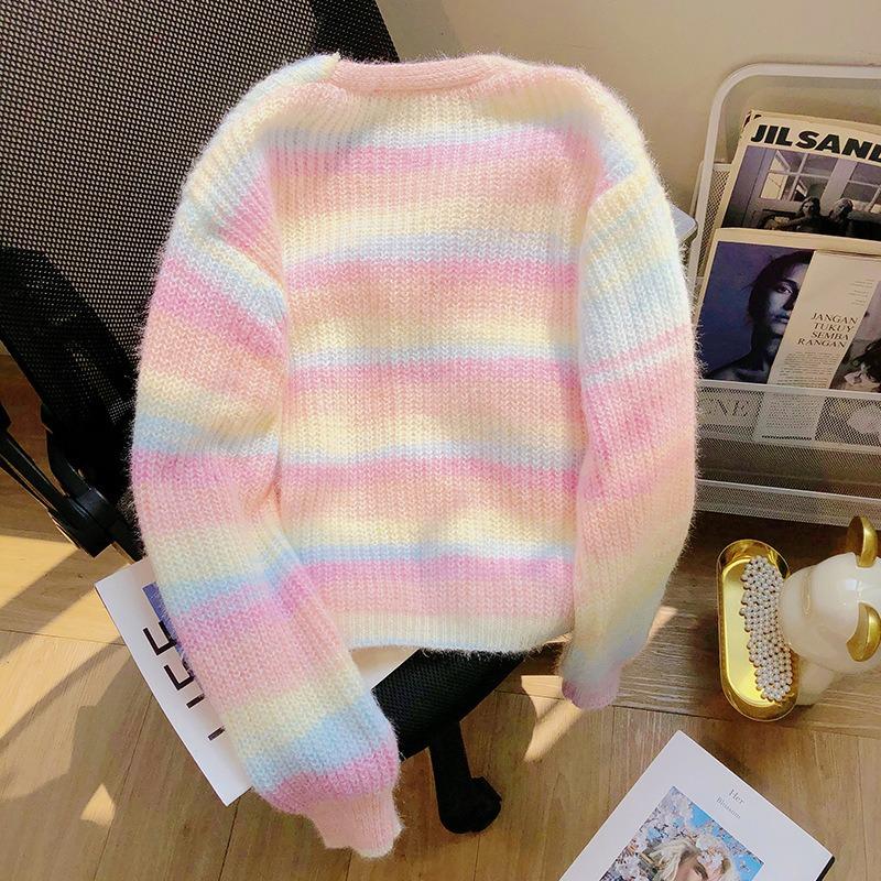 Autumn and Winter New Sweet Gentle Wind Knitted Sweater V-neck Cardigan Lazy Pole Gradual Change Rainbow Sweater Sweater Outside