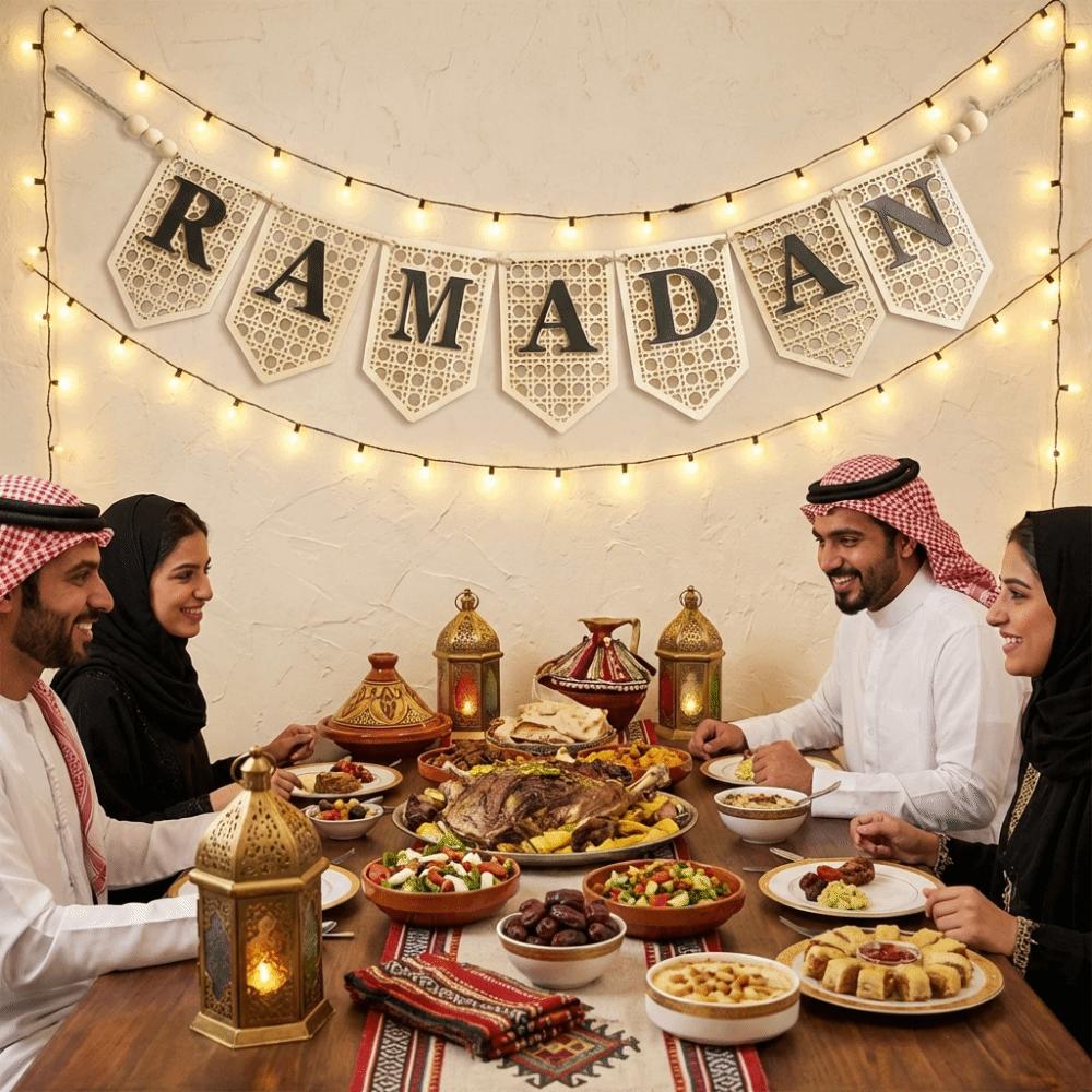 Rustic Eid Wall Hanging Hollowed Wooden Letter Banner Creative Ramadan Decor Pendant  Door Decor