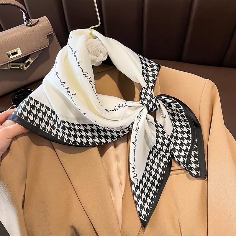 Luxury Houndstooth Print Silk Square Scarf Women Soft Satin Head Hijab Hairband Neckerchief Headband Foulard Bag Ribbons Gift