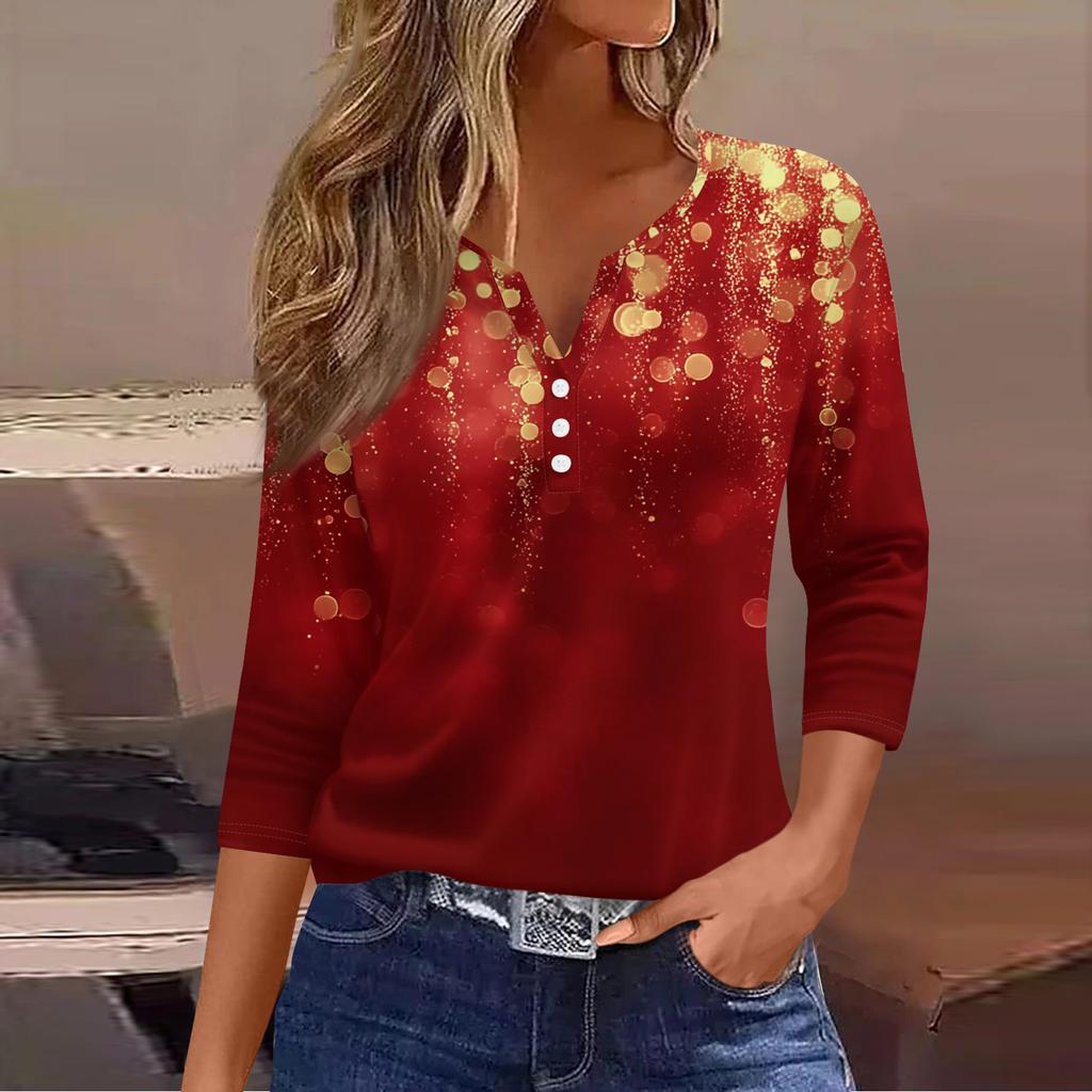 Women's Casual Fashion V-neck Loose Versatile Christmas Print Three-quarter Sleeve Top
