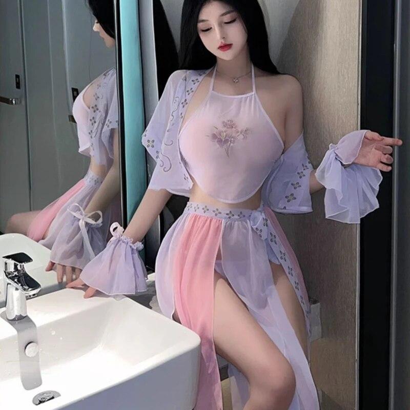 Women Sexy Hanfu Costumes Tranditional Dress Erotic Lingerie Underwear Skirt Lenceria Para Damas Nightwear Purple Outfit