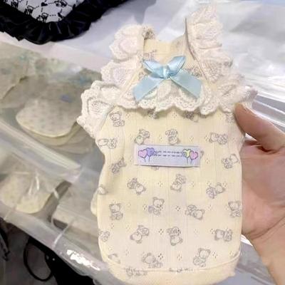 Beige Bear Print Pet Sling Summer Anti Hair Fall Teddy Vest Small and Medium Dog Casual T-Shirt Lace Side Dog Clothes