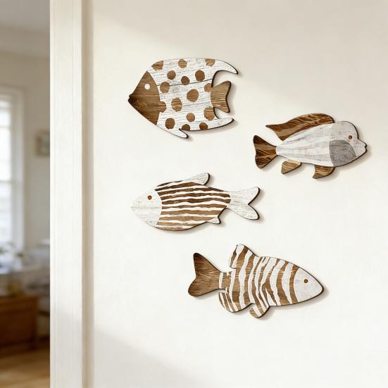 4Pcs Vintage Beach Wall Decor Nautical Coastal Wooden Fish Wall Art Ocean Style Fish Sculpture Lake House Hanging Decoration for Bathroom Bedroom