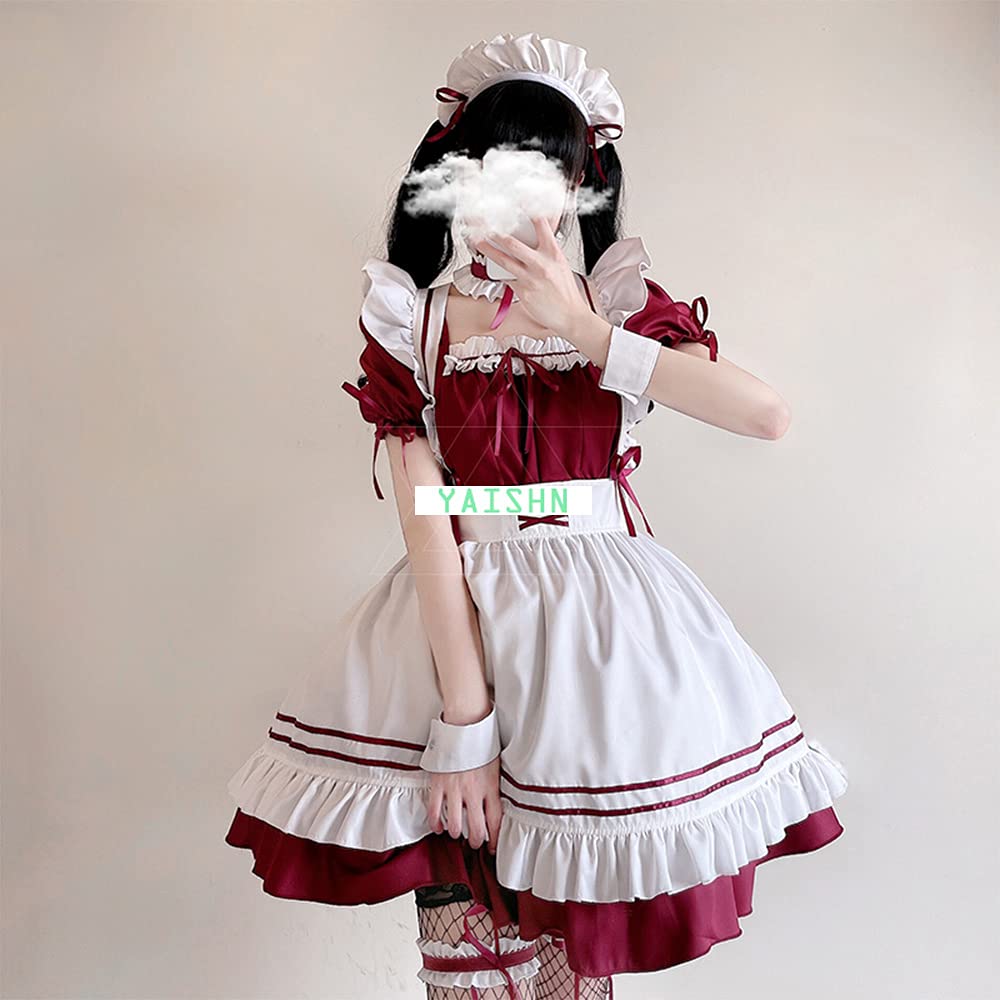 YAISHN Gothic Lolita Maid Halloween Short Bow Pink or Includes Knitted Tights and Headband Outfit, Cute, Popular, Costume, Women's, Cosplay, Sleeves,