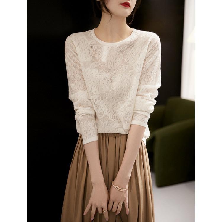 Women's Knitted Sweater Thin Sweater Temperament Commuting Style Round Neck Embossed Long Sleeve