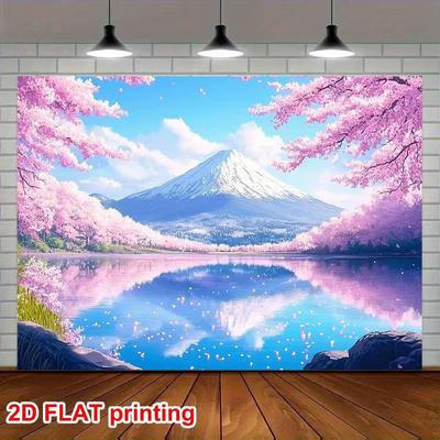 2D Mount Fuji Cherry Blossom Lake Backdrop, 2D Spring Scenery Decor