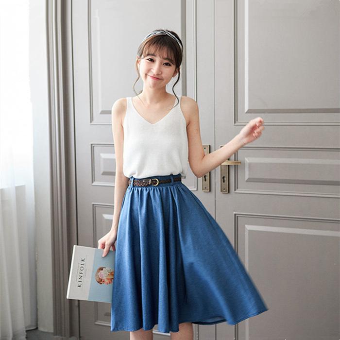 Buy Korean Style Elastic Waist A-Line Denim Skirt Women 2021 Knee