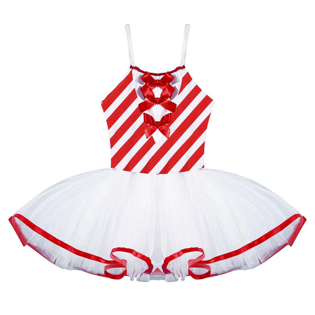 Girls Christmas Dance Dress Sleeveless Adjustable Straps Bowknot Adorned Stripes Print Mesh Tutu Dress