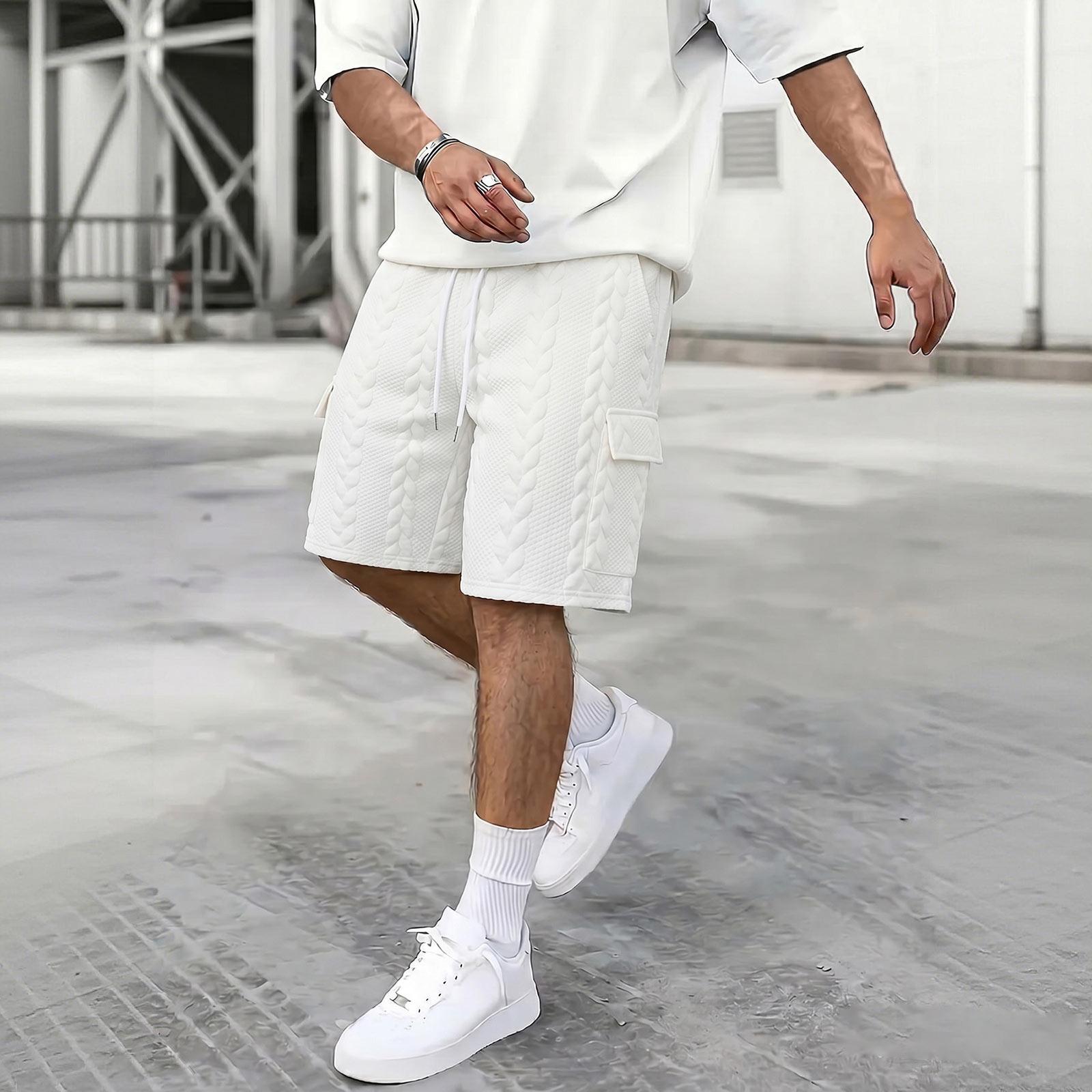 Men’s Drawstring Waist Multi Pocket Casual Beach Shorts Knit Pattern Relaxed Fit Comfortable Five Length XL белый