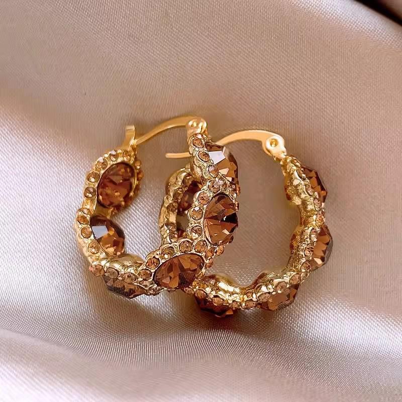 Elegant French Coffee Zircon Round Studs: Autumn/Winter Light Luxury Versatile Earrings
