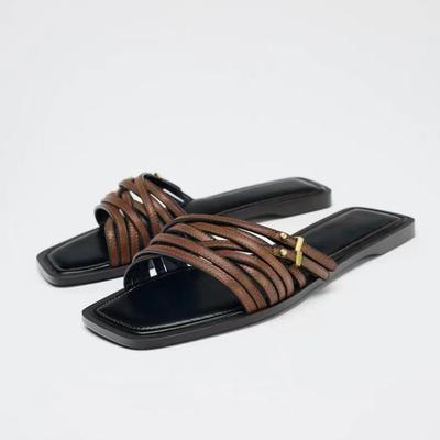 Women's Flat Slides Sandals Vintage Square Toe, Leather Strappy Buckle Outdoor Casual Shoes for Summer Fashion