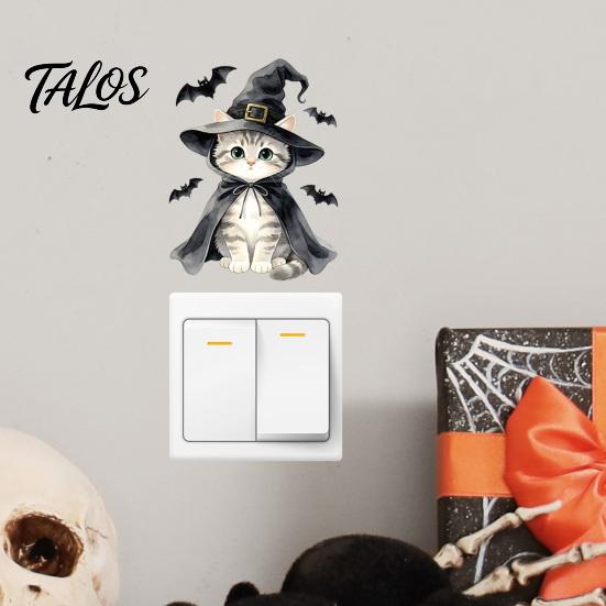 Decorative Wall Stickers for Bedroom Halloween Wizard Cat & Bat Switch Sticker, Self-Adhesive Light Decal, Childlike Holiday Ornaments Removable Decor