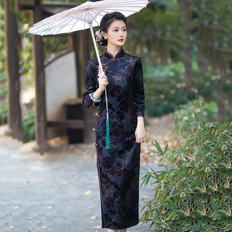Elegant Long Sleeve Qipao Dress Women Vintage Chic Modern Chinese Style Wear Medium