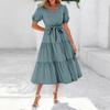 Women's Summer Solid Color Short Sleeve Round Neck Waistband Bohemian Flowy Layered Maxi Dress With Pockets