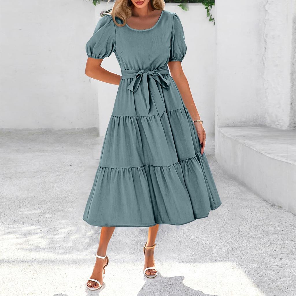 Women's Summer Solid Color Short Sleeve Round Neck Waistband Bohemian Flowy Layered Maxi Dress With Pockets