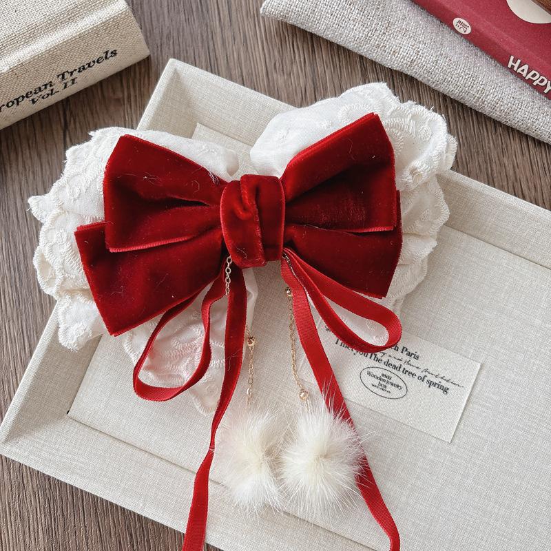Lace Bowknot Hair Clips For Girls Sweet Versatile Stylish Year Ponytail Hairpin Red Velvet Korean Kids Princess Headwear