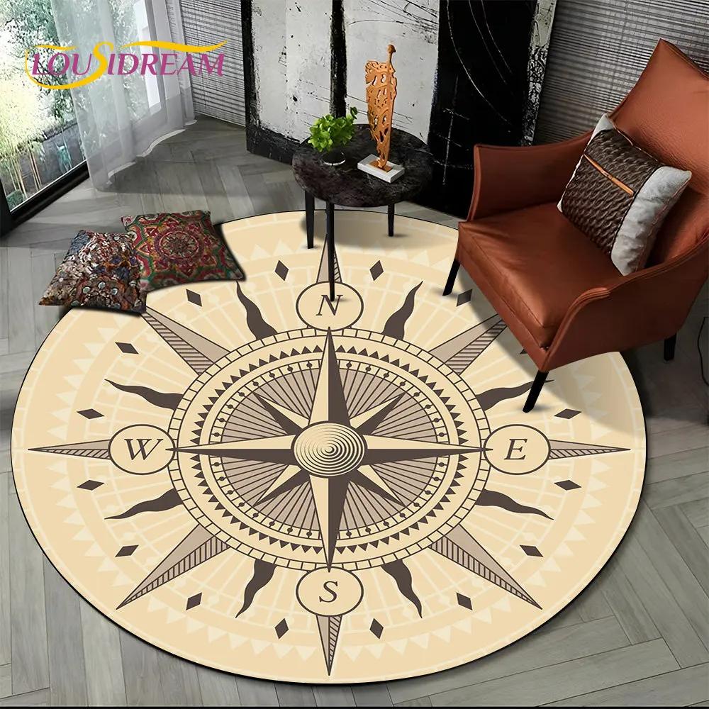 3D Retro Kompass Serie Kreis Teppich,Runder Teppich für Wohnzimmer Schlafzimmer Sofa Fußmatte Dekor Rutschfeste Bodenmatte Geschenk