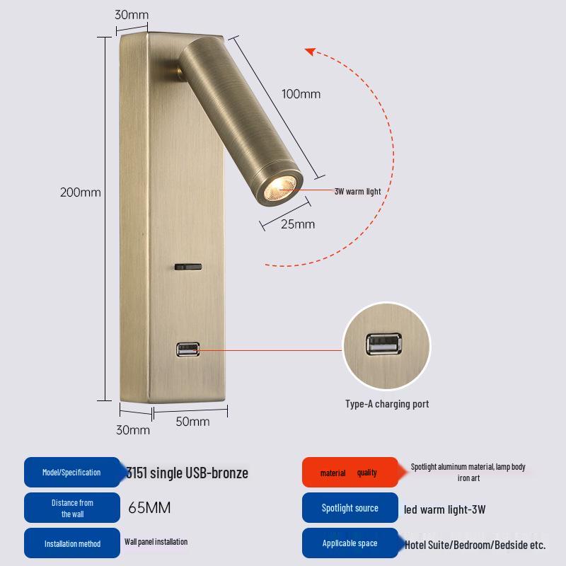 Rotatable Type-C USB Wall Lamp with Switch for Bedroom, Study, or Hotel