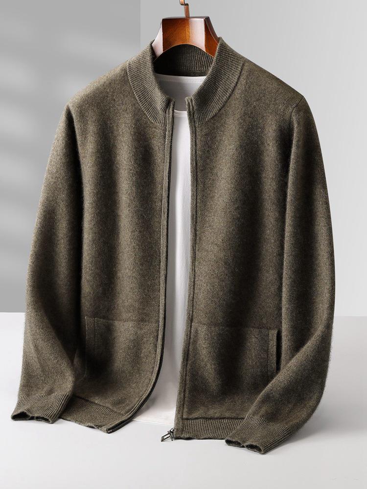 

Men s Wool Zip Cardigan - Thickened Half-High Collar Sweater, Casual Business Cashmere Knit. XL