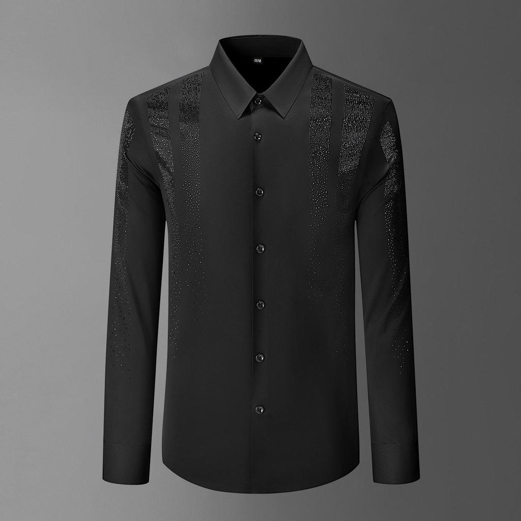 Camicia da uomo di lusso con strass, senza stiro, a maniche lunghe