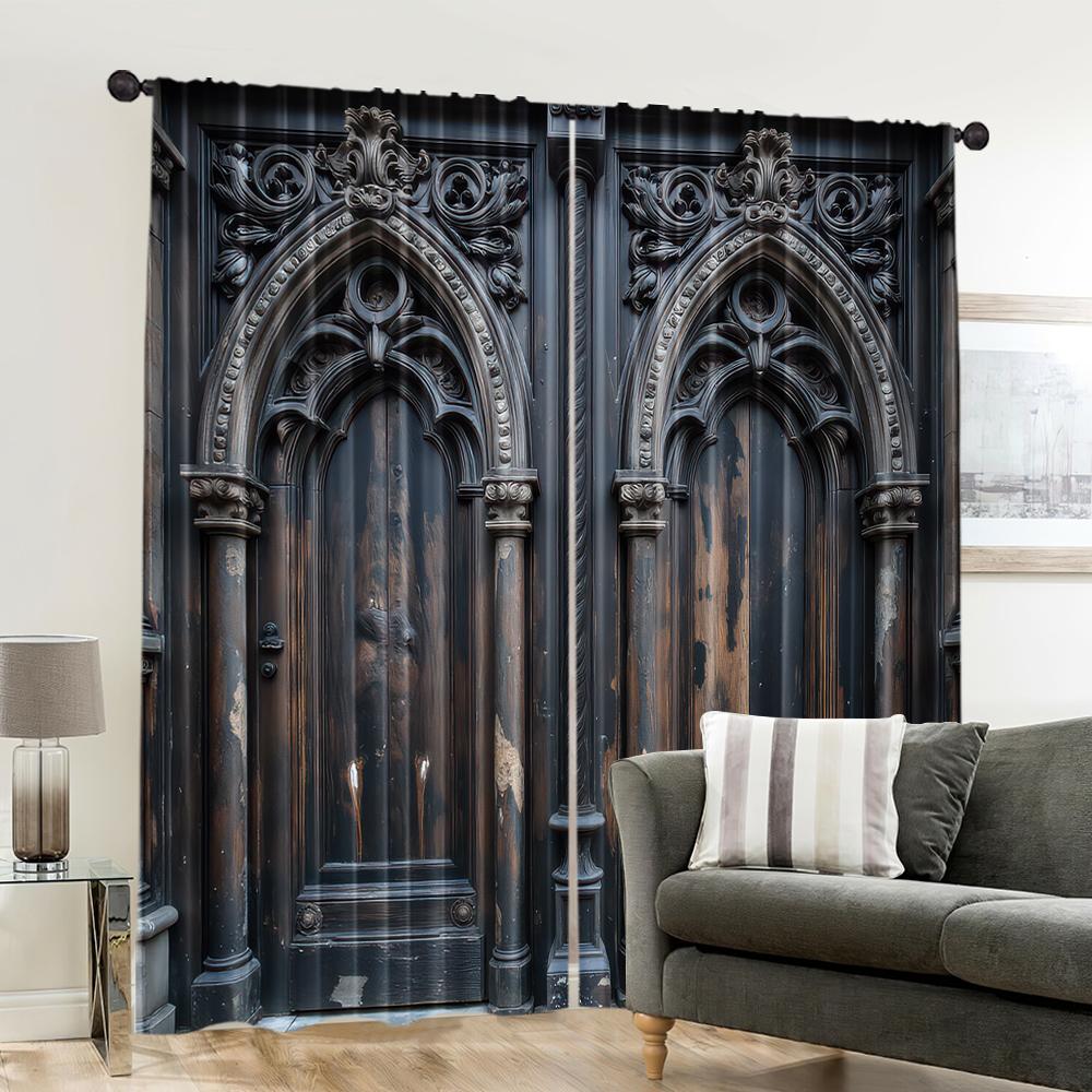 Scena con Stampa Piatta Tenda Intagliata Ornata Porte in Legno Opera d'Arte Versatile Tessuto in Poliestere Senza Elettricità Parete Set di 2 Made Lavabile