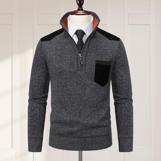 

Yousheng Fall Winter Men Sweater Zippered Stand Collar Long Sleeves Knitted Thick Chest Pocket Pullover Slim Fit Warm Mid Length Casual Daily Top M бежевый