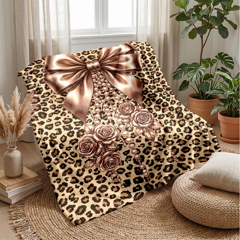 Leopard Print Bow Decor 1 Theme Blanket Lightweight Warm Flannel Blanket Decorative Throw Blanket for Home Decoration