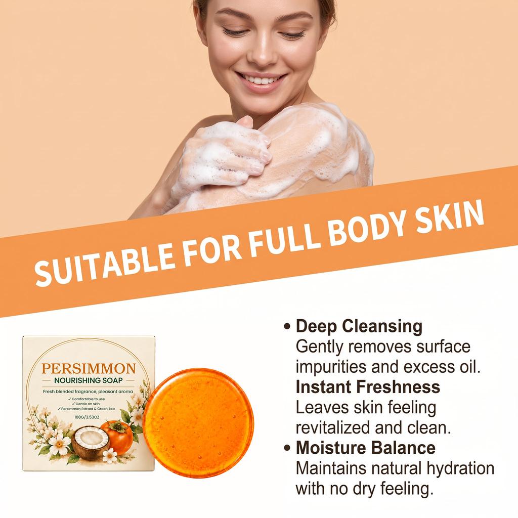 100g Persimmon Nourishing Cleansing Soap, Rich Foam Refreshing Fragrance Body Soap, Full Body Use Soap Without Tight Feeling After Washing