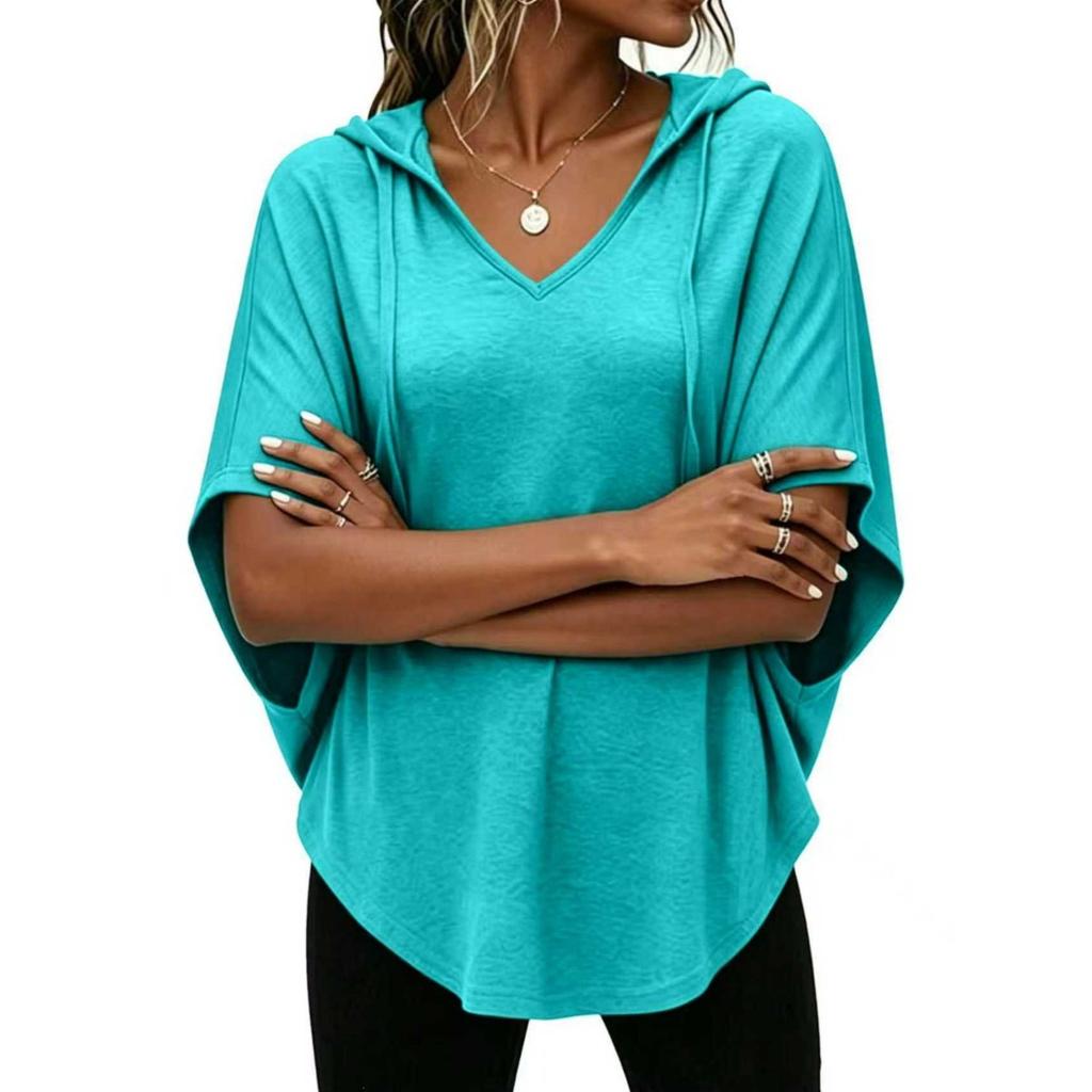 Women's Casual Loose-Fit Hooded V-Neck T-Shirt with Dolman Sleeves