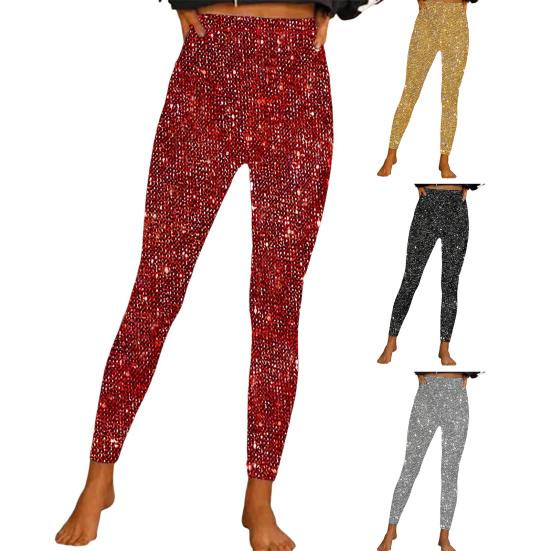 Pantaloni creion pentru femei cu talie înaltă, cu sclipici, pantaloni lungi, țesătură elastică, pantaloni strălucitori, jambiere cu paiete