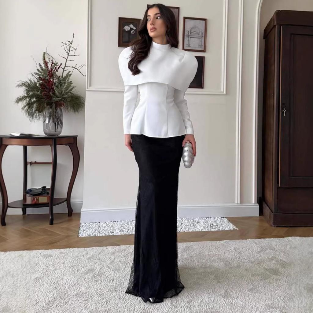 Cross-border European and American women's clothing Amazon slim-fit round neck long-sleeved waist commuting temperament straight skirt set
