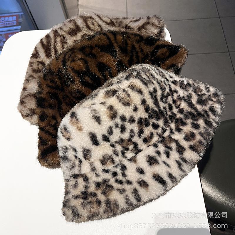 Leopard print winter thickened fluffy basin hat warm women's autumn and winter fashion versatile leopard print imperial sister plush bucket hat
