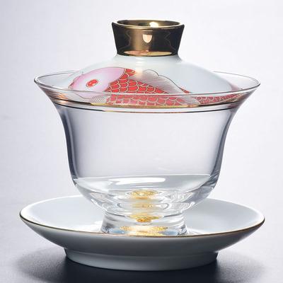 Enamel Colored Glass Gaiwan Puer Tea Bowls Crystal Tea Bowl Tureen Lid Bowl Lotus Hand Drawing Gaiwan for Travel Gai Wan Cup Set