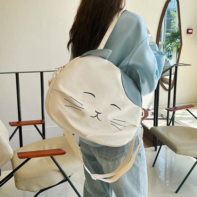Lovely Cartoon Cat Tote Bag For Students Spacious Nylon Shoulder Bag
