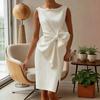 Women Sleeveless Bodycon Dress Ruched Bow Tie Side Slit Midi Dress Lady Formal Cocktail Party Work Dress